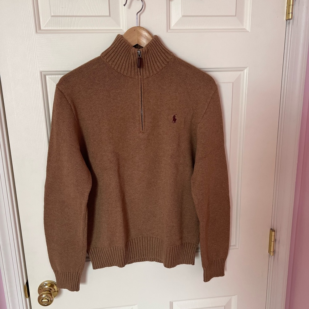 Tan Vintage Polo Ralph Lauren 1/4 Zip Mock Neck Sweater